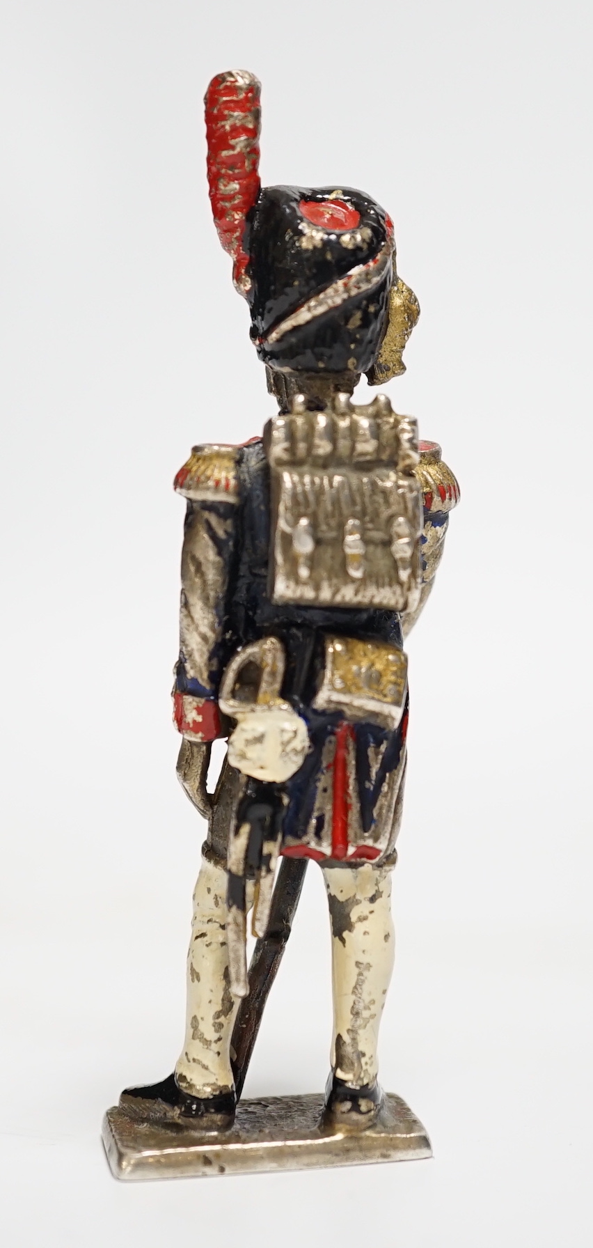 A modern Italian 800 standard white metal and enamelled figure of a 'Granatiere Della Guardia 1804-1815', 8cm.